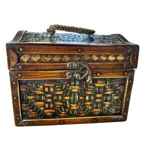 Wooden & Woven Storage Chest Basket With Hinged Lid & Brass Accents